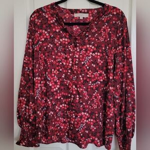 LOFT Women's Blouse - Red and Pink Floral Valentines Galentines Date Night